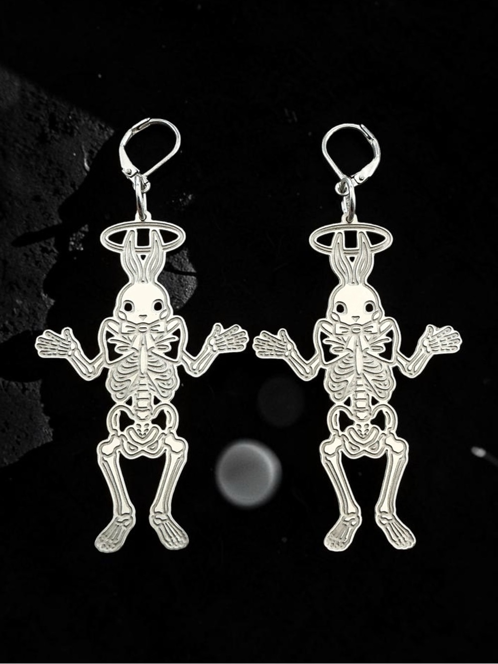 🆕 Rabbit Skeleton with a Halo and Bow Tie Dangle Earrings
